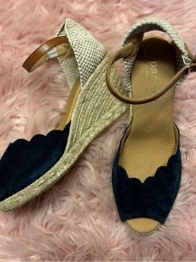 Scalloped Navy Espadrille Wedge Sandals